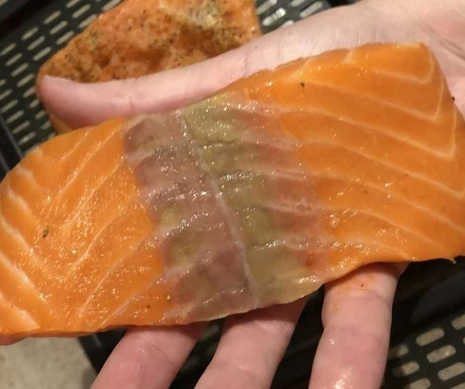 This explains why the salmon you defrosted has yellow on it.