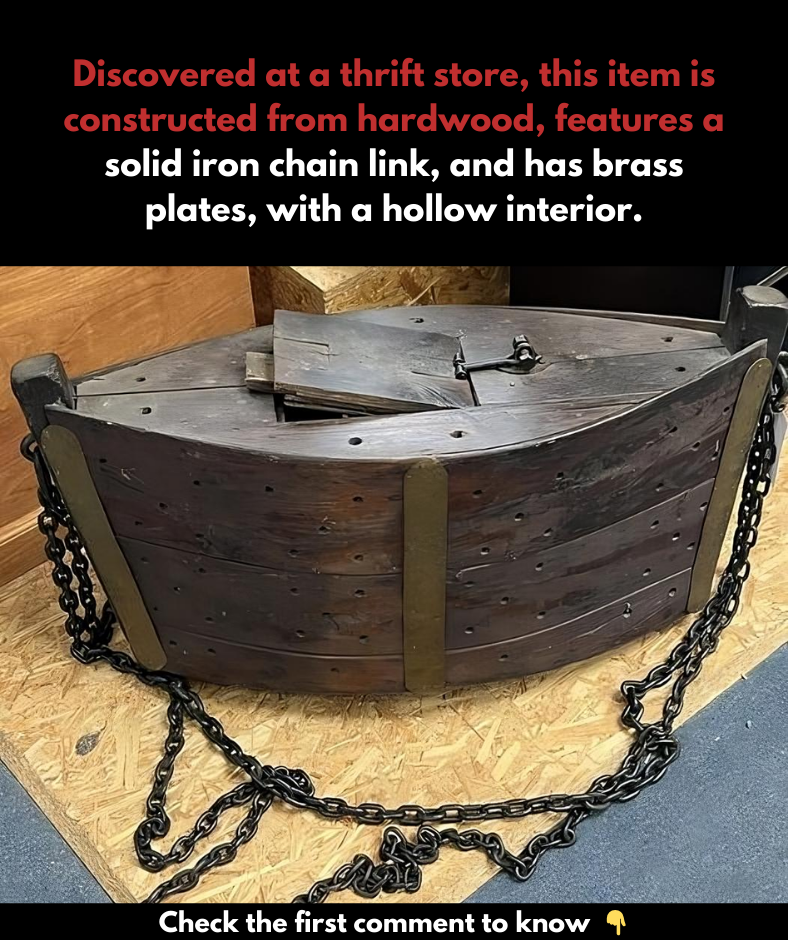 Located at a thrift store, this piece is made of hardwood, has a sturdy iron chain link, brass plates, and is hollow on the inside.