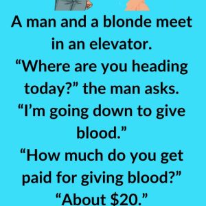 A man and a blonde step into the elevator together. A man and a blonde step into the elevator together.